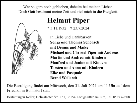 Traueranzeige von Helmut Piper von Helmstedter Nachrichten