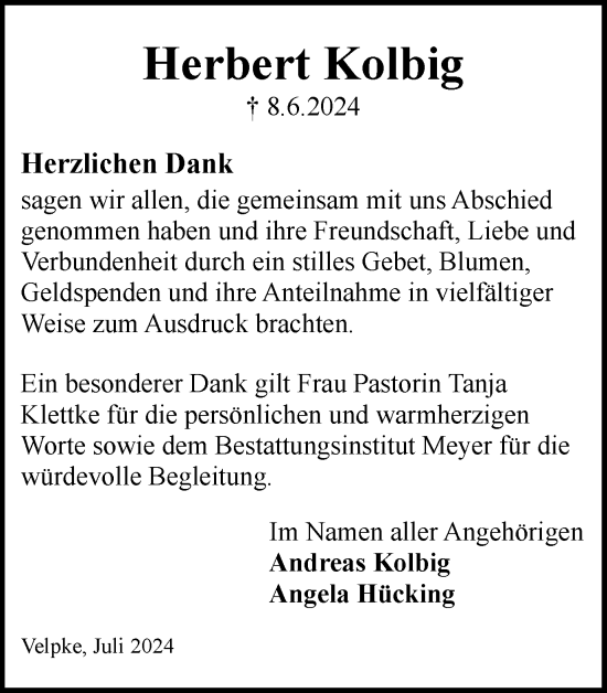 Traueranzeige von Herbert Kolbig von Wolfsburger Nachrichten