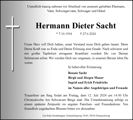 Traueranzeige von Hermann Dieter Sacht von Braunschweiger Zeitung