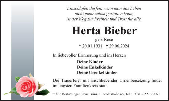 Traueranzeige von Herta Bieber von Braunschweiger Zeitung