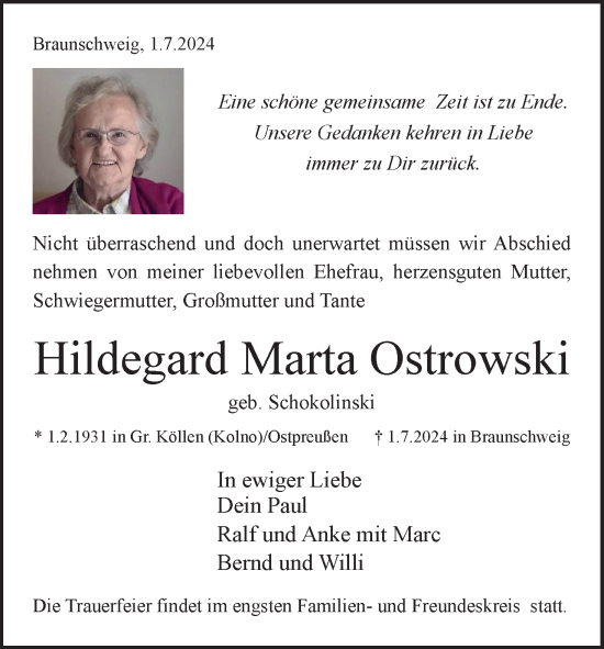 Traueranzeige von Hildegard Marta Ostrowski von Neue Braunschweiger am Samstag