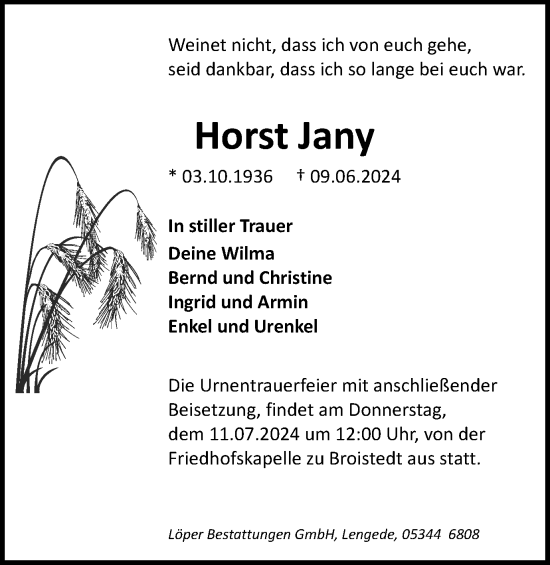 Traueranzeige von Horst Jany von Salzgitter-Zeitung