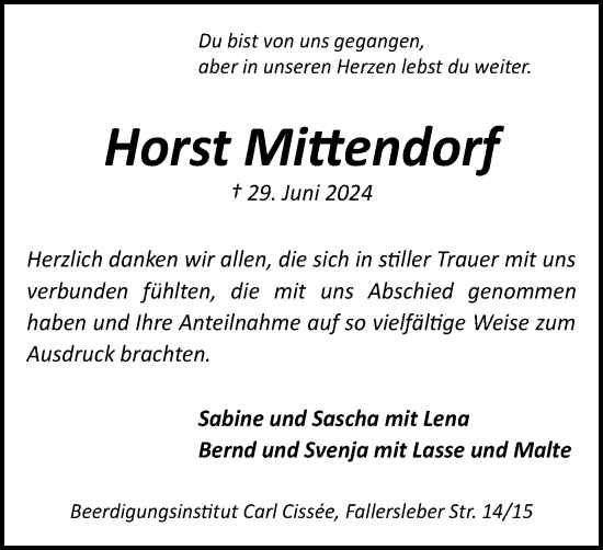 Traueranzeige von Horst Mittendorf von Wolfenbütteler Zeitung
