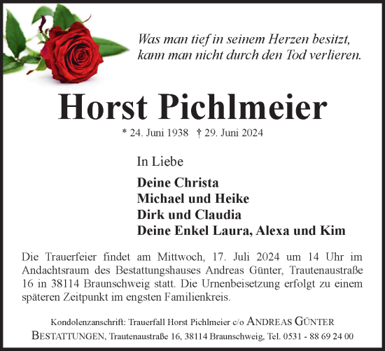 Traueranzeige von Horst Pichlmeier von Braunschweiger Zeitung