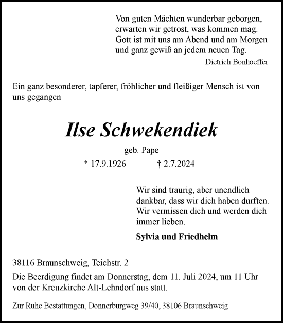 Traueranzeige von Ilse Schwekendiek von Braunschweiger Zeitung