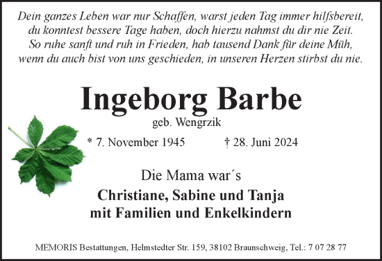 Traueranzeige von Ingeborg Barbe von Braunschweiger Zeitung