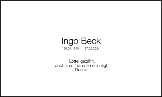 Traueranzeige von Ingo Beck von Braunschweiger Zeitung