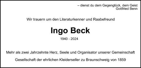 Traueranzeige von Ingo Beck von Braunschweiger Zeitung