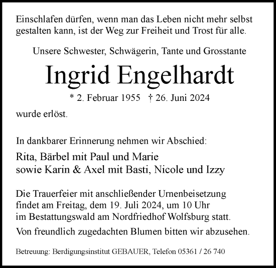 Traueranzeige von Ingrid Engelhardt von Wolfsburger Nachrichten