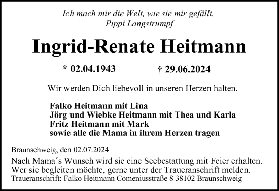 Traueranzeige von Ingrid-Renate Heitmann von Braunschweiger Zeitung