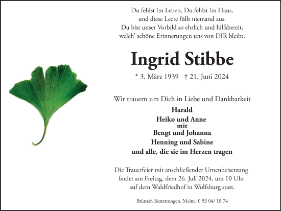 Traueranzeige von Ingrid Stibbe von Wolfsburger Nachrichten
