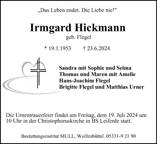 Traueranzeige von Irmgard Hickmann von Braunschweiger Zeitung