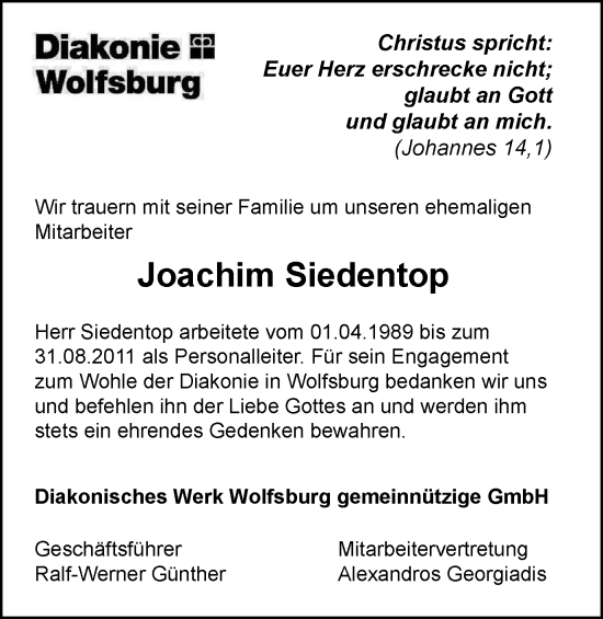 Traueranzeige von Joachim Siedentop von Wolfsburger Nachrichten