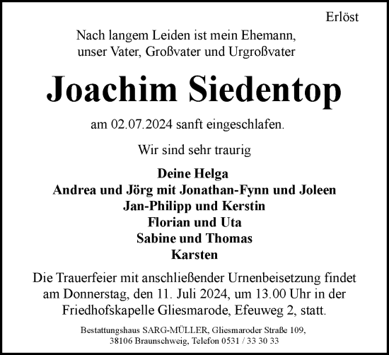 Traueranzeige von Joachim Siedentop von Braunschweiger Zeitung