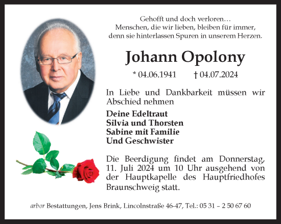 Traueranzeige von Johann Opolony von Braunschweiger Zeitung