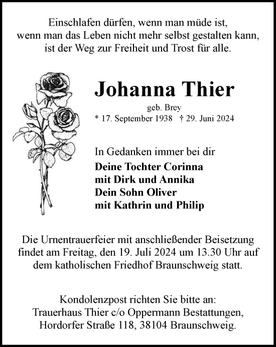 Traueranzeige von Johanna Thier von Braunschweiger Zeitung