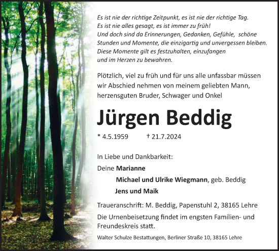 Traueranzeige von Jürgen Beddig von Helmstedter Nachrichten