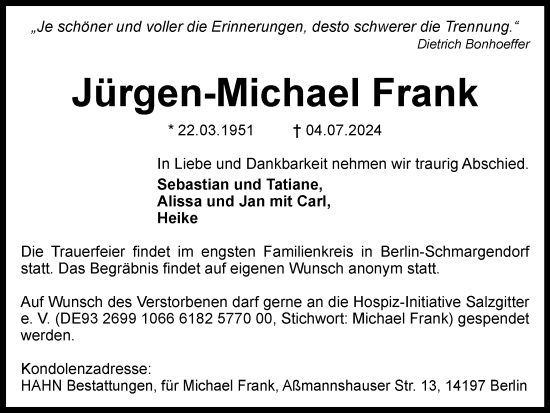 Traueranzeige von Jürgen-Michael Frank von Salzgitter-Zeitung