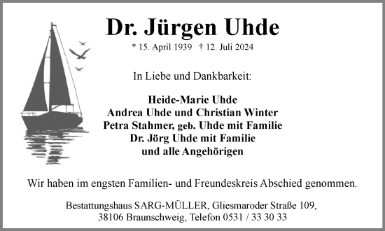 Traueranzeige von Jürgen Uhde von Braunschweiger Zeitung