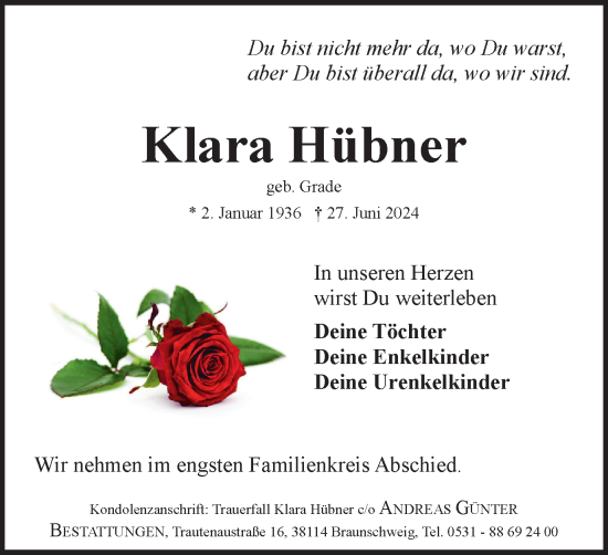 Traueranzeige von Klara Hübner von Braunschweiger Zeitung