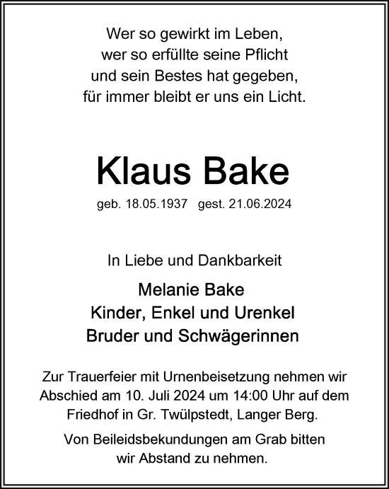 Traueranzeige von Klaus Bake von Wolfsburger Nachrichten
