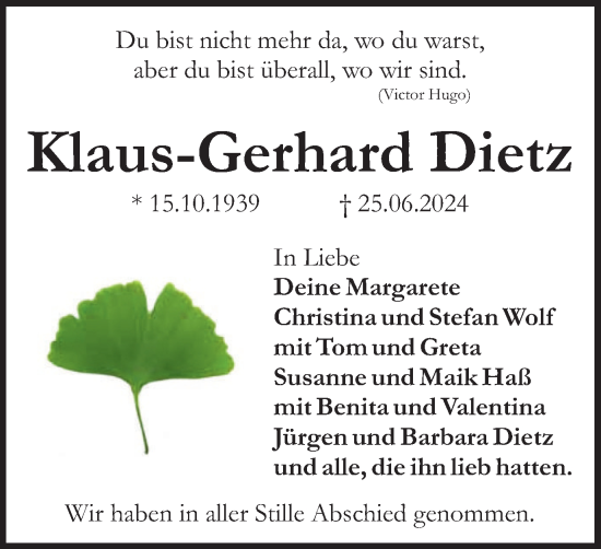 Traueranzeige von Klaus-Gerhard Dietz von Braunschweiger Zeitung