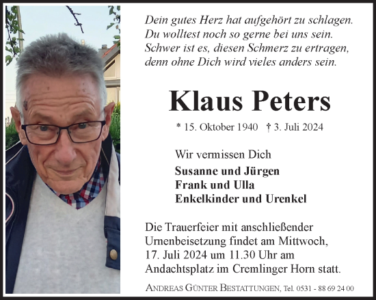 Traueranzeige von Klaus Peters von Braunschweiger Zeitung