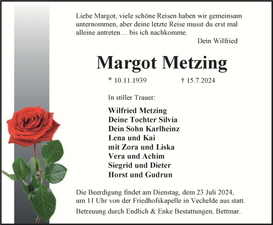 Traueranzeige von Margot Metzing von Peiner Nachrichten