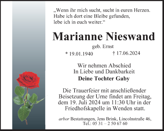 Traueranzeige von Marianne Nieswand von Braunschweiger Zeitung
