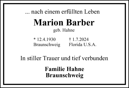 Traueranzeige von Marion Barber von Braunschweiger Zeitung