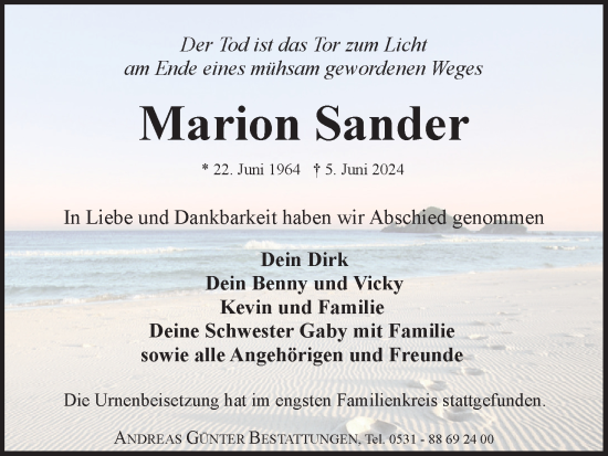 Traueranzeige von Marion Sander von Neue Braunschweiger am Samstag