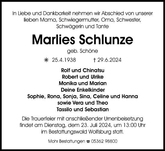 Traueranzeige von Marlies Schlunze von Wolfsburger Nachrichten