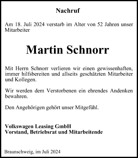 Traueranzeige von Martin Schnorr von Braunschweiger Zeitung