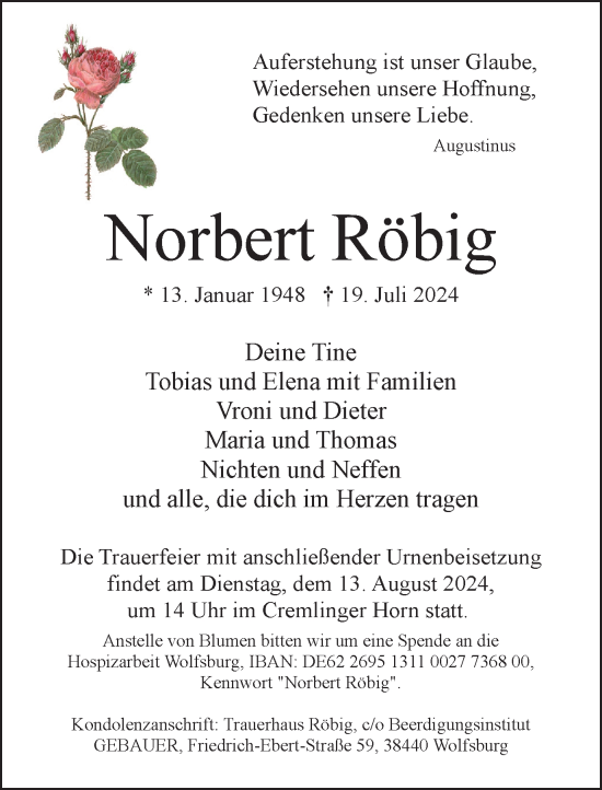 Traueranzeige von Norbert Röbig von Wolfsburger Nachrichten