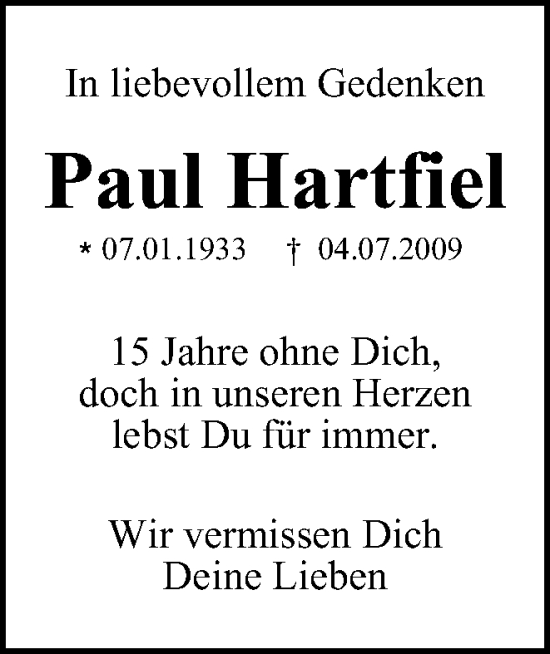 Traueranzeige von Paul Hartfiel von Wolfsburger Nachrichten