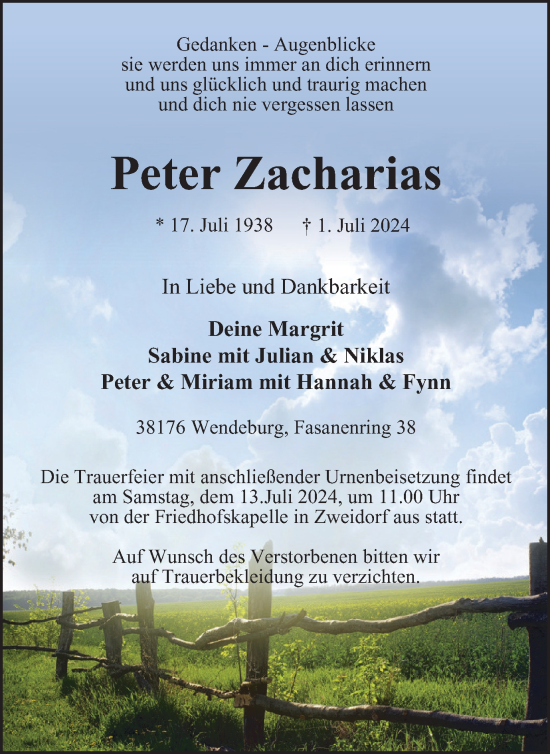 Traueranzeige von Peter Zacharias von Peiner Nachrichten