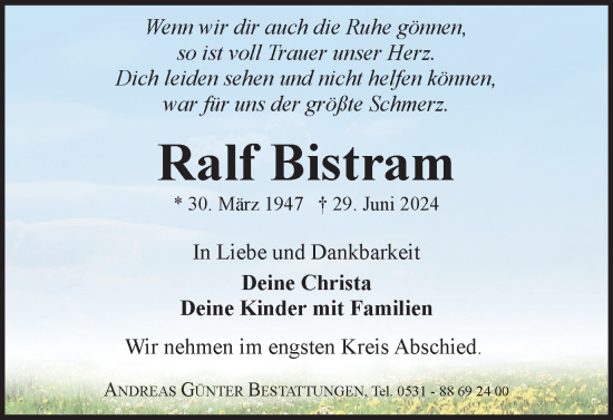 Traueranzeige von Ralf Bistram von Braunschweiger Zeitung