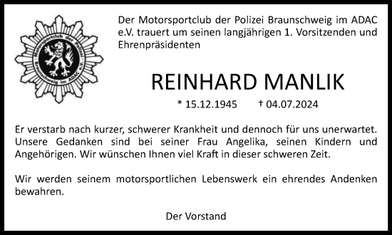 Traueranzeige von Reinhard Manlik von Braunschweiger Zeitung