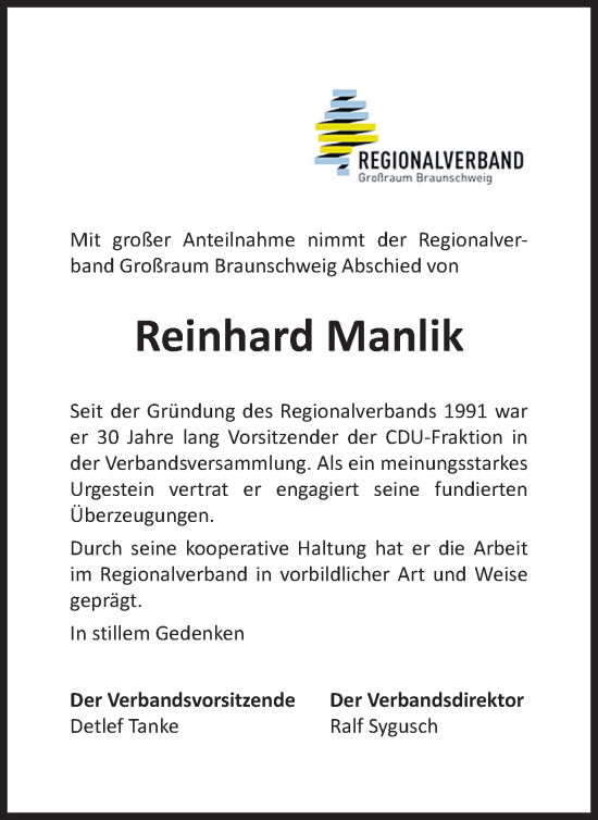 Traueranzeige von Reinhard Manlik von Braunschweiger Zeitung