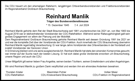 Traueranzeige von Reinhard Manlik von Braunschweiger Zeitung