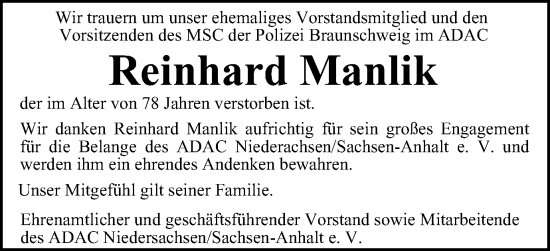 Traueranzeige von Reinhard Manlik von Braunschweiger Zeitung