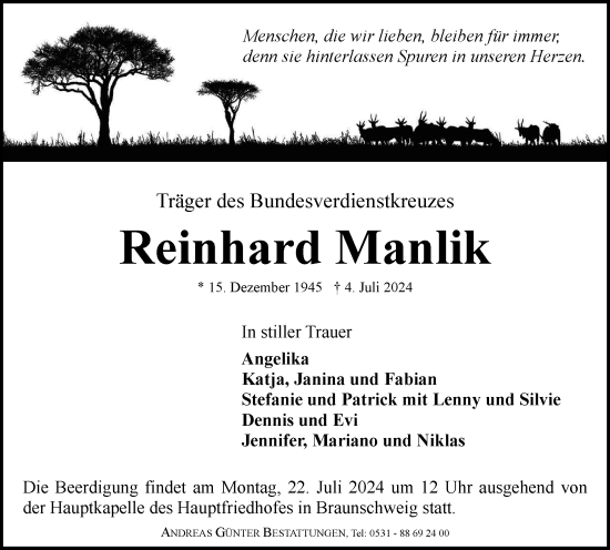 Traueranzeige von Reinhard Manlik von Braunschweiger Zeitung