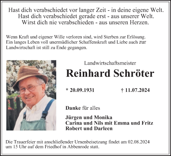 Traueranzeige von Reinhard Schröter von Braunschweiger Zeitung