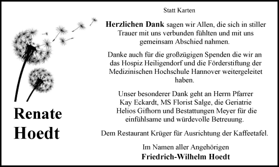 Traueranzeige von Renate Hoedt von Wolfsburger Nachrichten