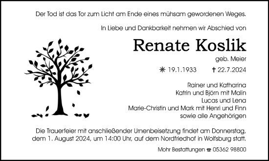 Traueranzeige von Renate Koslik von Wolfsburger Nachrichten