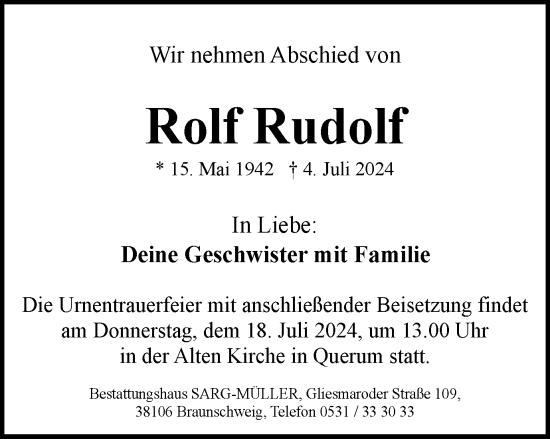 Traueranzeige von Rolf Rudolf von Braunschweiger Zeitung