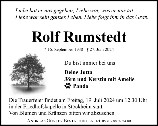 Traueranzeige von Rolf Rumstedt von Braunschweiger Zeitung