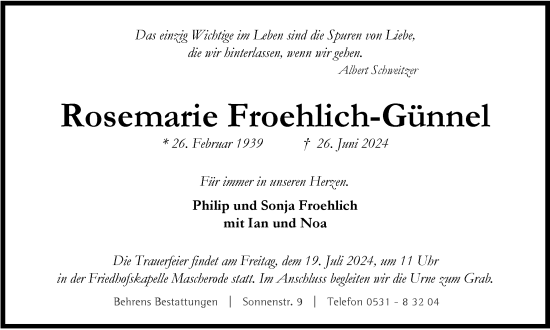 Traueranzeige von Rosemarie Froehlich-Günnel von Braunschweiger Zeitung