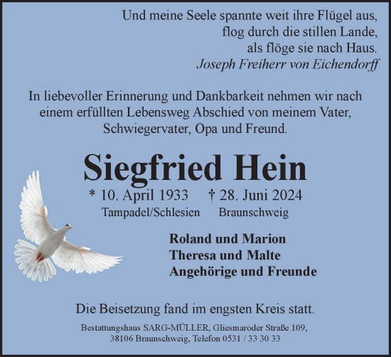 Traueranzeige von Siegfried Hein von Braunschweiger Zeitung