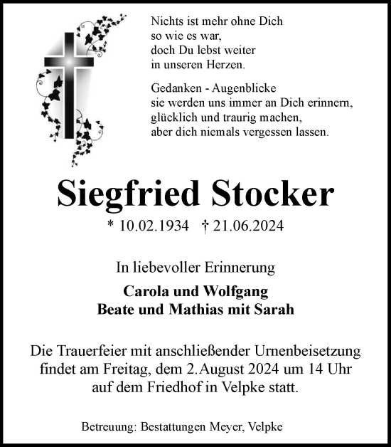 Traueranzeige von Siegfried Stocker von Wolfsburger Nachrichten
